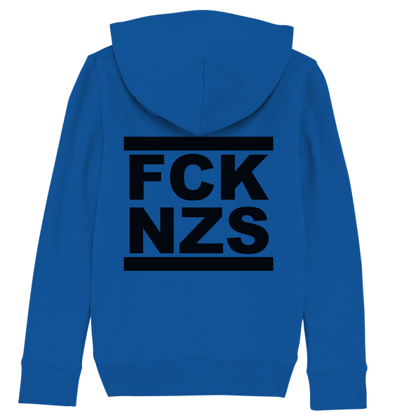N.O.S.W. BLOCK Gegen Rechts Hoodie "FCK NZS" beidseitig bedruckter Kids Organic Kapuzenpullover blau