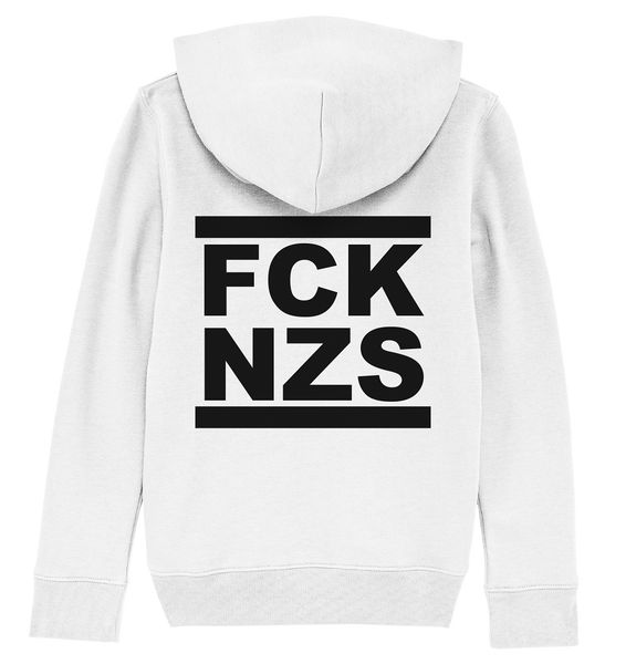 N.O.S.W. BLOCK Gegen Rechts Hoodie "FCK NZS" beidseitig bedruckter Kids Organic Kapuzenpullover weiss