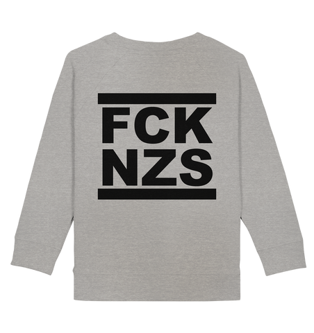 N.O.S.W. BLOCK Gegen Rechts Sweater "FCK NZS" beidseitig bedruckter Kids UNISEX Organic Sweatshirt heather grau