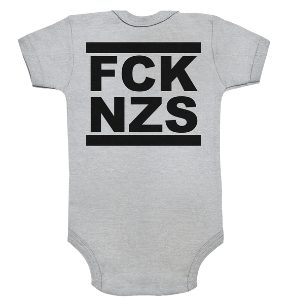N.O.S.W. BLOCK Gegen Rechts Hoodie "FCK NZS" beidseitig bedruckter Organic Baby Bodysuite heather grey