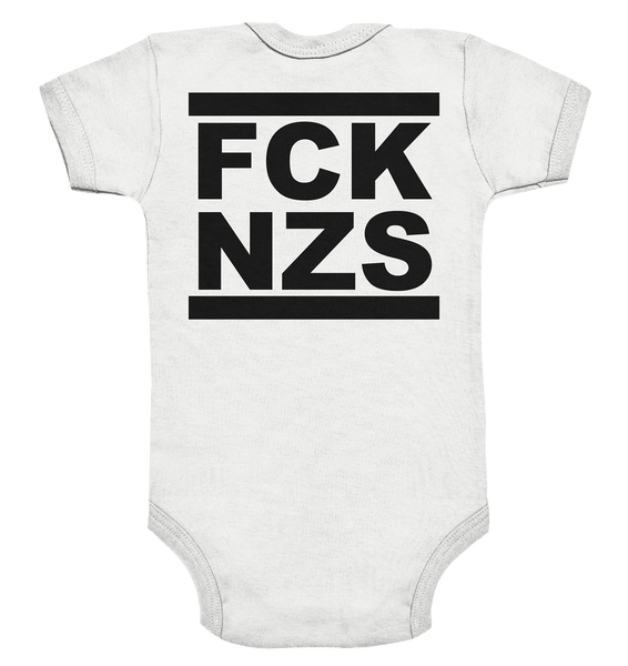 N.O.S.W. BLOCK Gegen Rechts Hoodie "FCK NZS" beidseitig bedruckter Organic Baby Bodysuite weiss