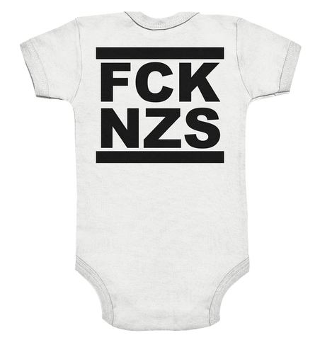 N.O.S.W. BLOCK Gegen Rechts Hoodie "FCK NZS" beidseitig bedruckter Organic Baby Bodysuite weiss