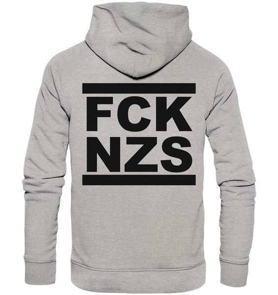 N.O.S.W. BLOCK Gegen Rechts Hoodie "FCK NZS" beidseitig bedruckter Männer Organic Basic Hoodie heather grau