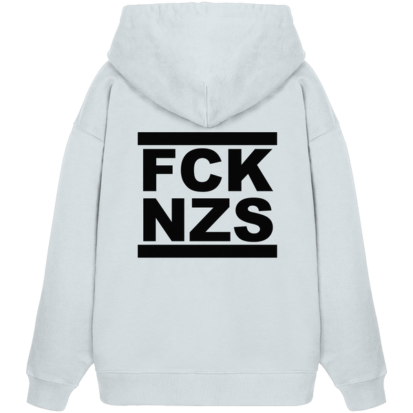 N.O.S.W. BLOCK Gegen Rechts Hoodie "FCK NZS" beidseitig bedruckter Frauen Organic Oversize Kapuzenpullover blue ice