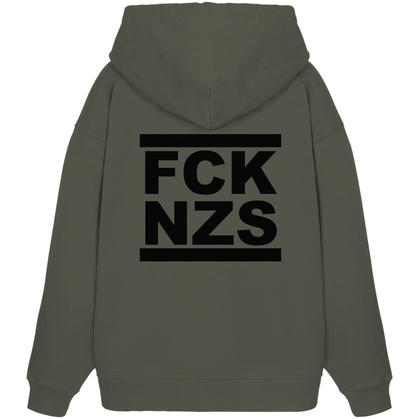 N.O.S.W. BLOCK Gegen Rechts Hoodie "FCK NZS" beidseitig bedruckter Frauen Organic Oversize Kapuzenpullover khaki