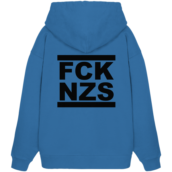 N.O.S.W. BLOCK Gegen Rechts Hoodie "FCK NZS" beidseitig bedruckter Frauen Organic Oversize Kapuzenpullover mindful blue