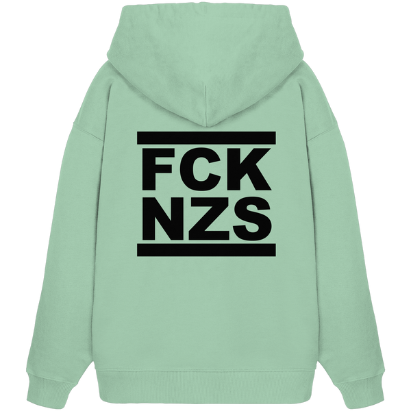 N.O.S.W. BLOCK Gegen Rechts Hoodie "FCK NZS" beidseitig bedruckter Frauen Organic Oversize Kapuzenpullover misty jade