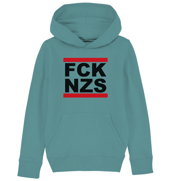 N.O.S.W. BLOCK Gegen Rechts Hoodie "FCK NZS" Kids Unisex Organic Kapuzenpullover teal monstera