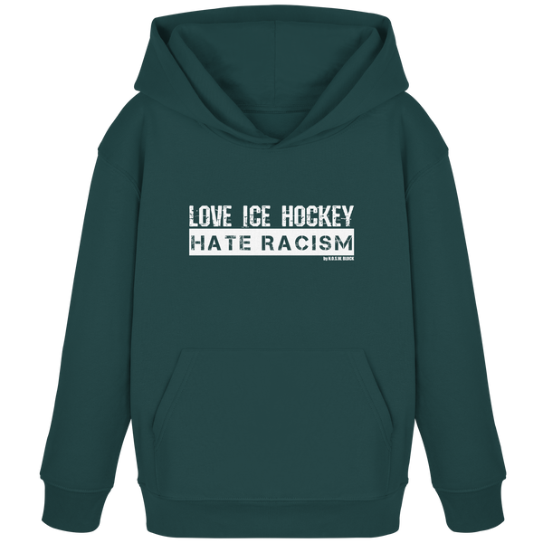 N.O.S.W. BLOCK Gegen Rechts Hoodie "LOVE ICE HOCKEY HATE RACISM" Kids UNISEX Organic Kapuzenpullover glazed green