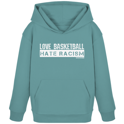 N.O.S.W. BLOCK Gegen rechts Hoodie "LOVE BASKETBALL HATE RACISM" Kids UNISEX Organic Kapuzenpullover teal monstera