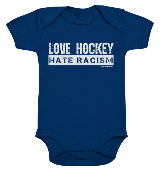 N.O.S.W. BLOCK Gegen Rechts Body "LOVE HOCKEY HATE RACISM" Organic Baby Bodysuite nautical navy
