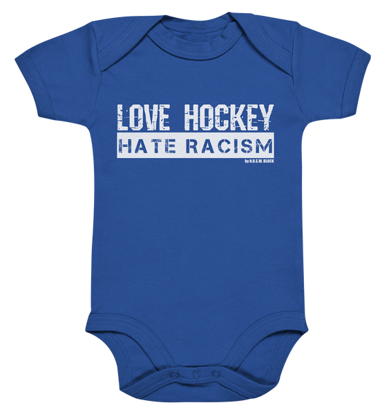 N.O.S.W. BLOCK Gegen Rechts Body "LOVE HOCKEY HATE RACISM" Organic Baby Bodysuite cobalt blue organic