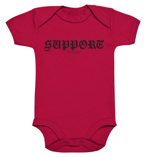 RIOT//GROUNDS Fanblock Body "SUPPORT LOUD & PROUD" Organic Baby Bodysuite red