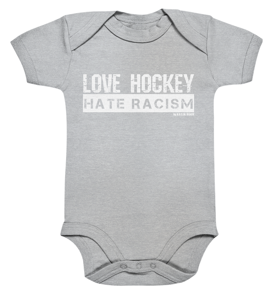 N.O.S.W. BLOCK Gegen Rechts Body "LOVE HOCKEY HATE RACISM" Organic Baby Bodysuite heather grey