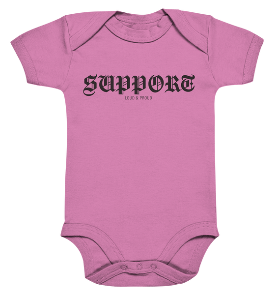 RIOT//GROUNDS Fanblock Body "SUPPORT LOUD & PROUD" Organic Baby Bodysuite bubble gum pink