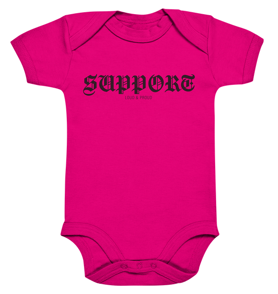 RIOT//GROUNDS Fanblock Body "SUPPORT LOUD & PROUD" Organic Baby Bodysuite fuchsia organic