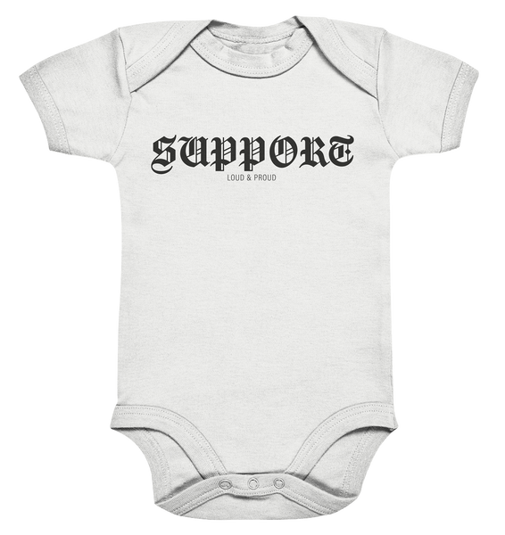 RIOT//GROUNDS Fanblock Body "SUPPORT LOUD & PROUD" Organic Baby Bodysuite white