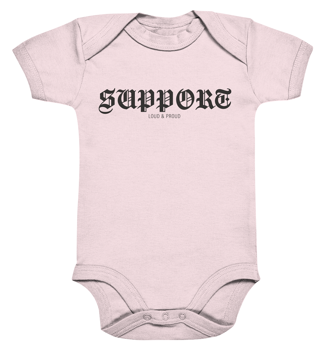 RIOT//GROUNDS Fanblock Body "SUPPORT LOUD & PROUD" Organic Baby Bodysuite powder pink