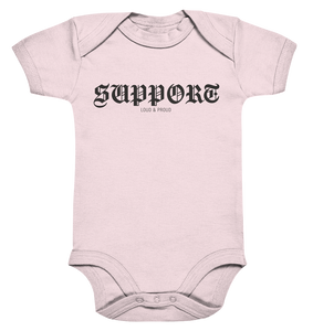 RIOT//GROUNDS Fanblock Body "SUPPORT LOUD & PROUD" Organic Baby Bodysuite powder pink