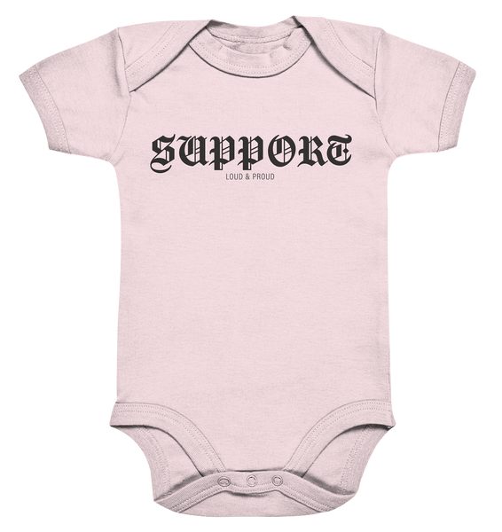 RIOT//GROUNDS Fanblock Body "SUPPORT LOUD & PROUD" Organic Baby Bodysuite powder pink