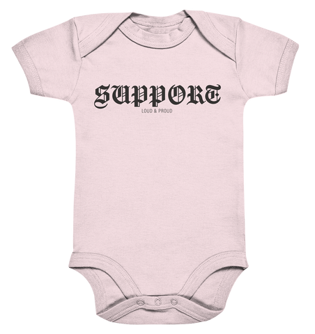 RIOT//GROUNDS Fanblock Body "SUPPORT LOUD & PROUD" Organic Baby Bodysuite powder pink