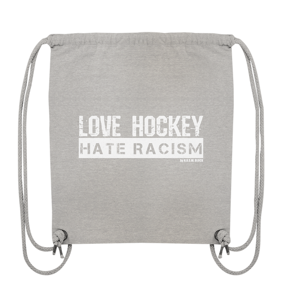 N.O.S.W. BLOCK Gegen Rechts Gym Bag "LOVE HOCKEY HATE RACISM" Organic Turnbeutel heather grey