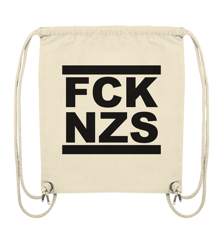 N.O.S.W. BLOCK Gegen Rechts Gym Bag "FCK NZS" beidseitig bedruckter Organic Turnbeutel natural raw