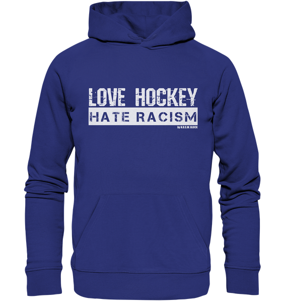 N.O.S.W. BLOCK Gegen Rechts Hoodie "LOVE HOCKEY HATE RACISM" Männer Organic Kapuzenpullover worker blue