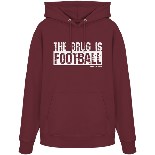 N.O.S.W. BLOCK Fußball Organic Hoodie „THE DRUG IS FOOTBALL“ – weißer Druck