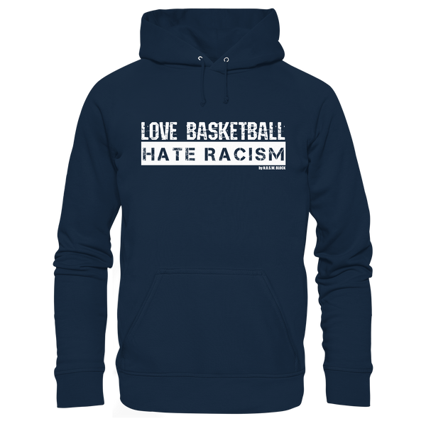 N.O.S.W. BLOCK Gegen Rechts Hoodie "LOVE BASKETBALL HATE RACISM" Männer Organic Kapuzenpullover french navy