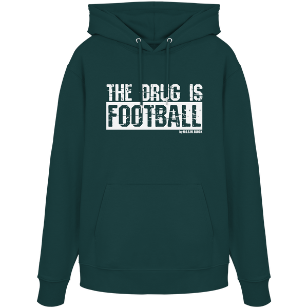 N.O.S.W. BLOCK Fußball Organic Hoodie „THE DRUG IS FOOTBALL“ – weißer Druck