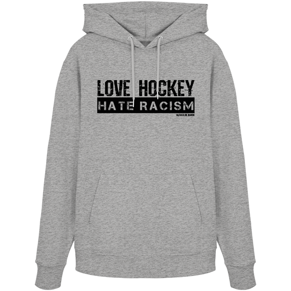 N.O.S.W. BLOCK Gegen Rechts Hoodie „LOVE HOCKEY HATE RACISM“ Organic Kapuzenpullover heather grey