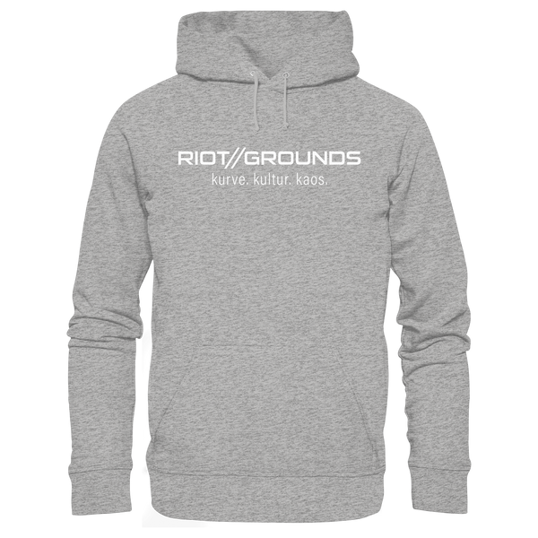 RIOT//GROUNDS Hoodie "R//G kurve.kultur.kaos." beidseitig bedruckter Organic Kapuzenpullover heather grey