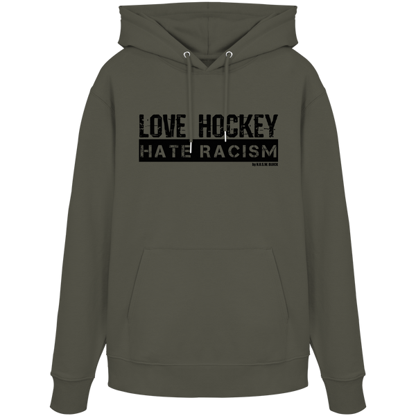 N.O.S.W. BLOCK Gegen Rechts Hoodie „LOVE HOCKEY HATE RACISM“ Organic Kapuzenpullover khaki