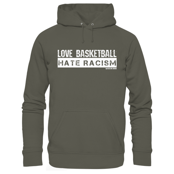 N.O.S.W. BLOCK Gegen Rechts Hoodie "LOVE BASKETBALL HATE RACISM" Männer Organic Kapuzenpullover khaki