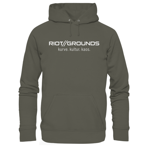 RIOT//GROUNDS Hoodie "R//G kurve.kultur.kaos." beidseitig bedruckter Organic Kapuzenpullover khaki