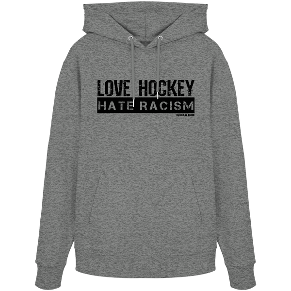 N.O.S.W. BLOCK Gegen Rechts Hoodie „LOVE HOCKEY HATE RACISM“ Organic Kapuzenpullover mid heather grey