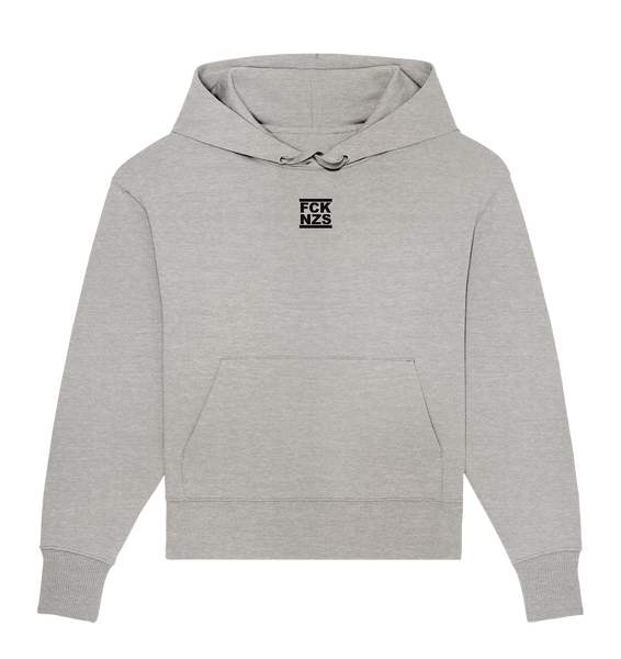 N.O.S.W. BLOCK Gegen Rechts Hoodie "FCK NZS" beidseitig bedruckter Frauen Organic Oversize Kapuzenpullover heather grey