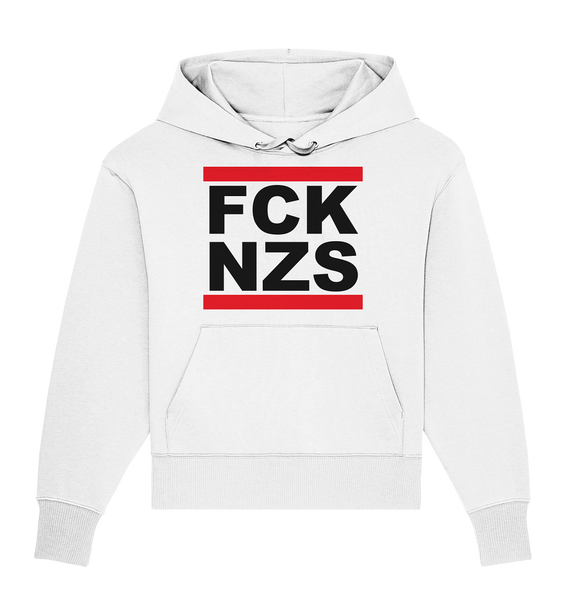 N.O.S.W. BLOCK Gegen Rechts Hoodie "FCK NZS" Frauen Organic Oversize Kapuzenpullover weiss