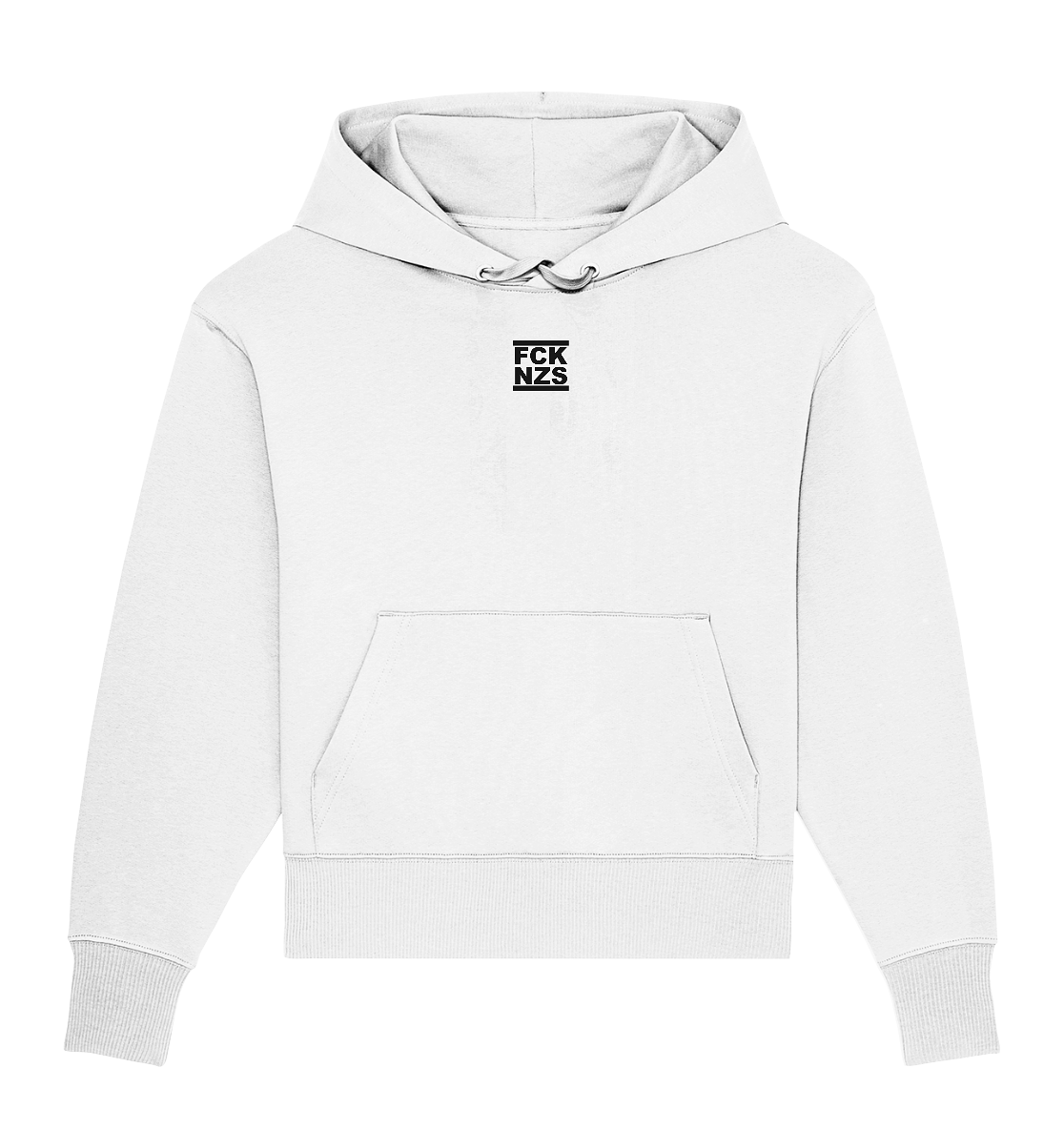 N.O.S.W. BLOCK Gegen Rechts Hoodie "FCK NZS" beidseitig bedruckter Frauen Organic Oversize Kapuzenpullover weiss