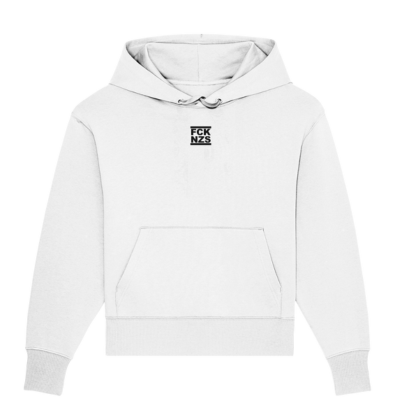 N.O.S.W. BLOCK Gegen Rechts Hoodie "FCK NZS" beidseitig bedruckter Frauen Organic Oversize Kapuzenpullover weiss