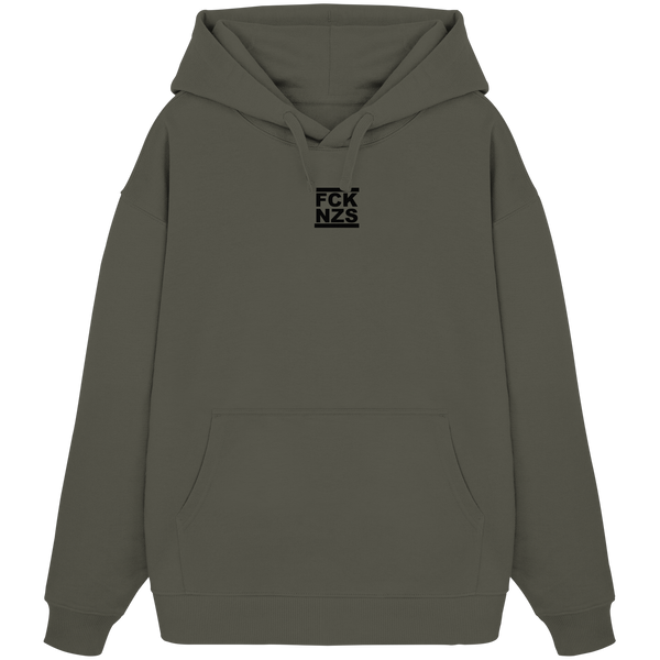 N.O.S.W. BLOCK Gegen Rechts Hoodie "FCK NZS" beidseitig bedruckter Frauen Organic Oversize Kapuzenpullover khaki