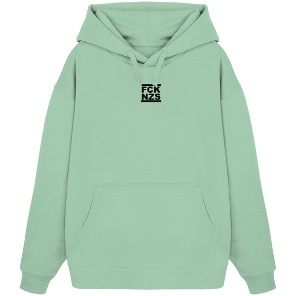 N.O.S.W. BLOCK Gegen Rechts Hoodie "FCK NZS" beidseitig bedruckter Frauen Organic Oversize Kapuzenpullover misty jade