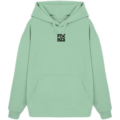 N.O.S.W. BLOCK Gegen Rechts Hoodie "FCK NZS" beidseitig bedruckter Frauen Organic Oversize Kapuzenpullover misty jade