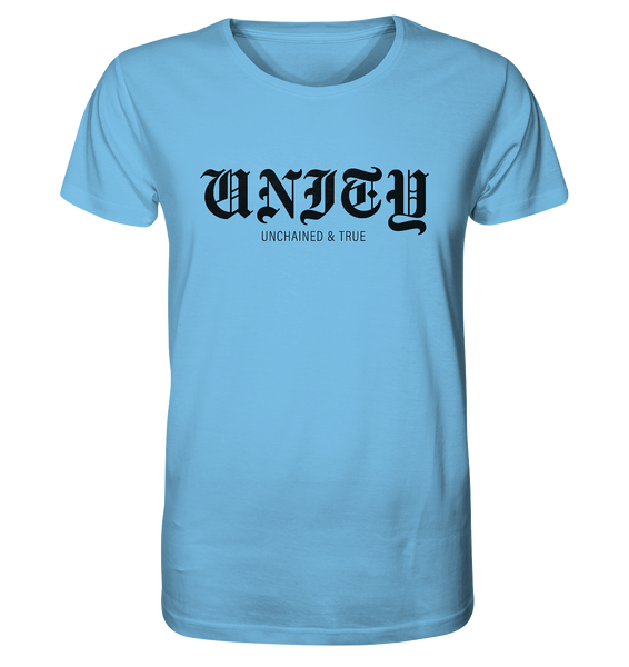 RIOT//GROUNDS Shirt "UNITY UNCHAINED & TRUE" Organic T-Shirt aqua blue