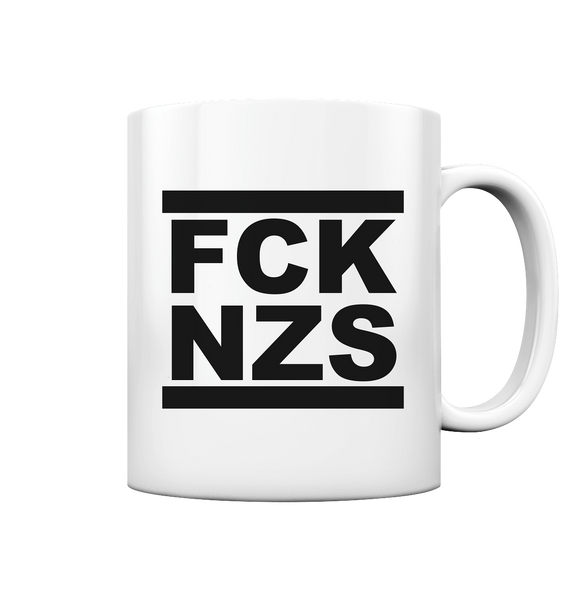N.O.S.W. BLOCK Gegen Rechts Kaffeetasse beidseitig bedruckt "FCK NZS" 330 ml Tasse glossy weiß