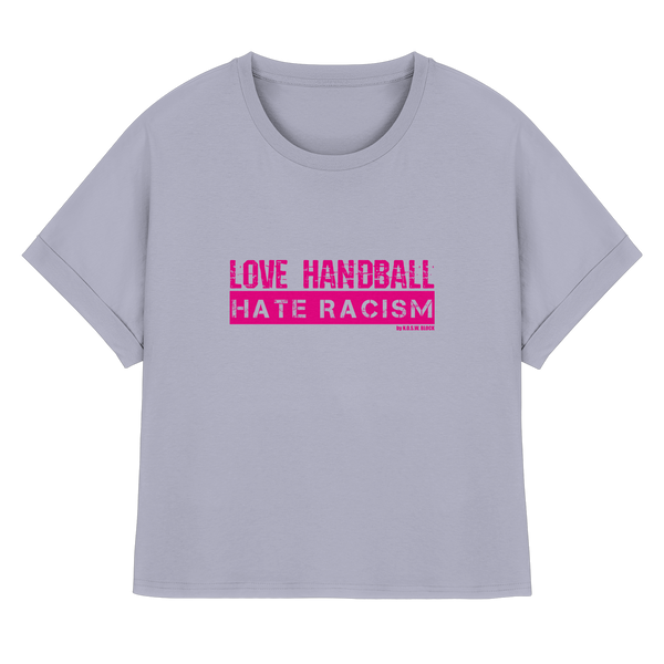 "LOVE HANDBALL HATE RACISM" magenta - Womens Organic Rolled Sleeves T-Shirt