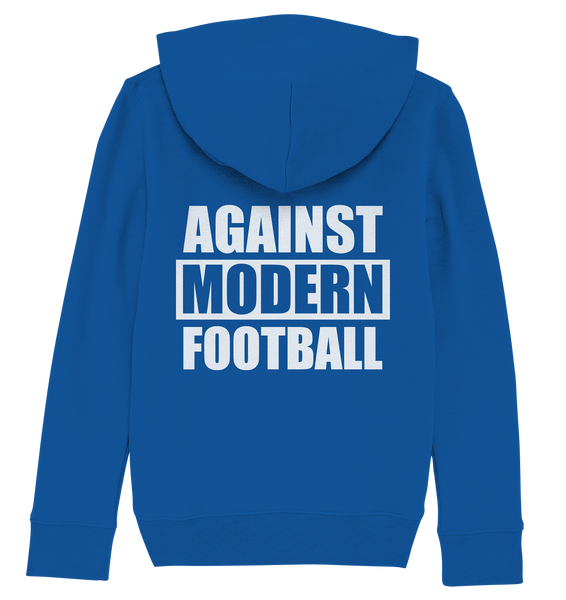 N.O.S.W. BLOCK Fanblock Hoodie "AGAINST MODERN FOOTBALL" beidseitig bedrucktes Kids UNISEX Organic Kapuzenpullover blau