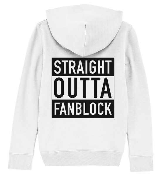 N.O.S.W. BLOCK Fanblock Hoodie "STRAIGHT OUTTA FANBLOCK" Kids UNISEX Organic Kapuzenpullover weiss