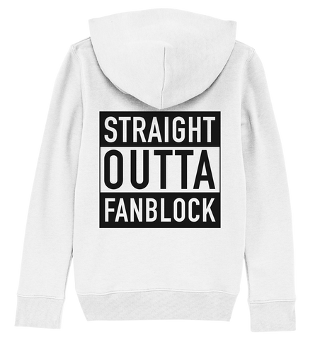 N.O.S.W. BLOCK Fanblock Hoodie "STRAIGHT OUTTA FANBLOCK" Kids UNISEX Organic Kapuzenpullover weiss